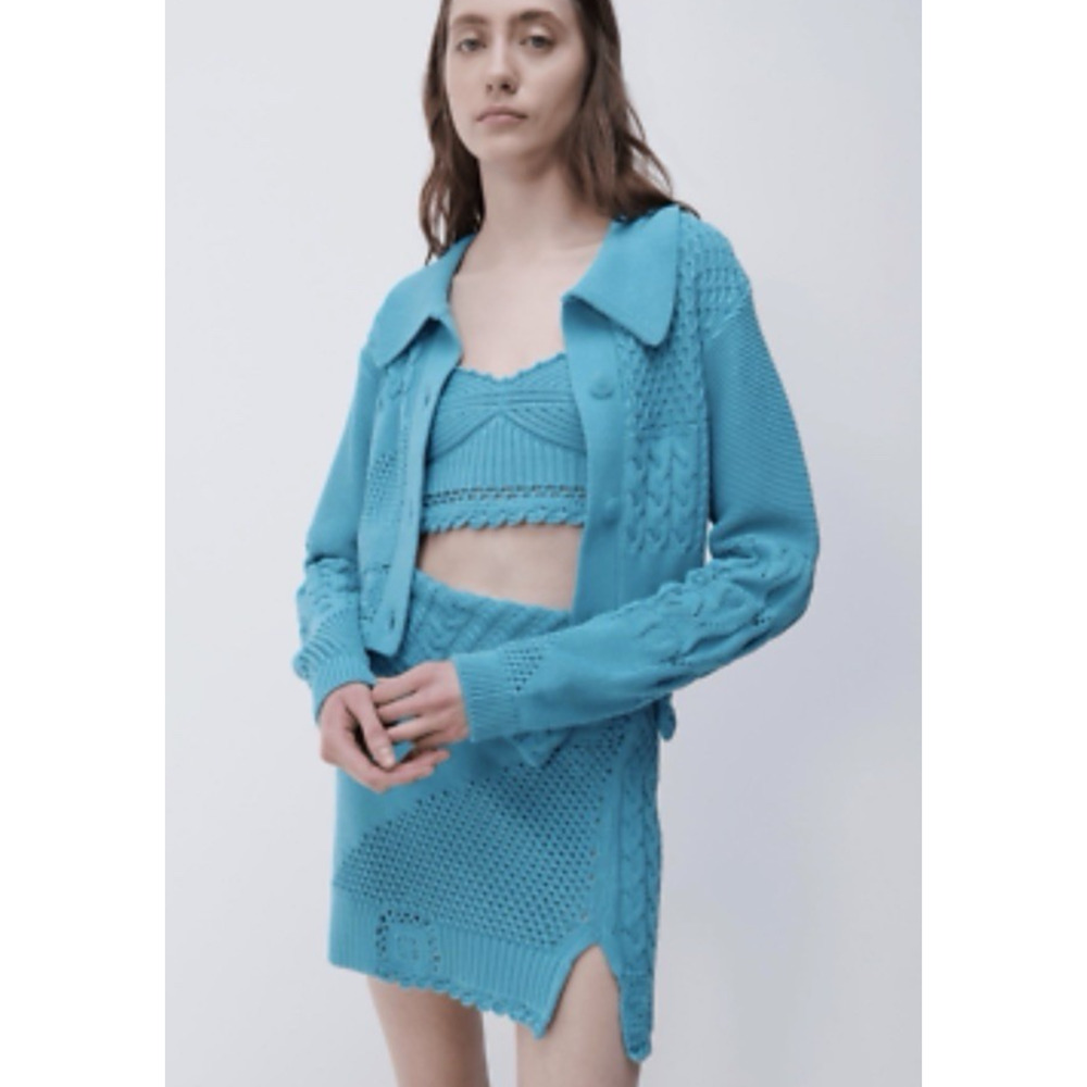 Simkhai Size XS Sherman Cotton Patchwork Cropped Polo Cardigan Laguna Blue EUC